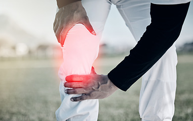 Image showing Knee injury, red pain and hands of sports man or baseball player on field with graphic overlay. Running, fitness and athlete training or person legs with medical emergency, risk or accident outdoor