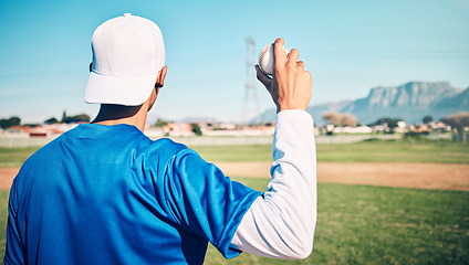 Image showing Sports athlete, baseball field or man with ball for competition, practice match or pitcher training workout. Softball, grass pitch or back view of player doing fitness, exercise or pitching challenge