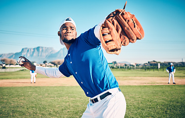 Image showing Sports, pitching and fitness with man on field for throwing, workout or training for competition match. Cardio, exercise and strike with athlete playing in stadium for game, practice or action