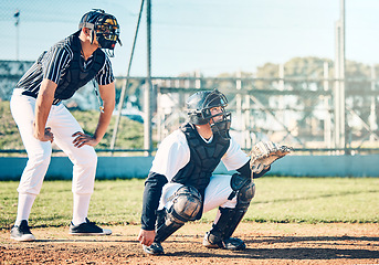 Image showing Sports, baseball and umpire with man on field for fitness, pitching and championship training. Workout, catcher and exercise with athlete playing at stadium for competition match, cardio and league