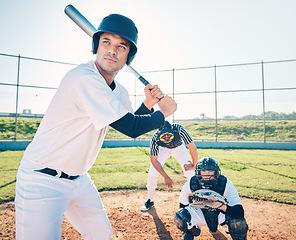 Image showing Sports, baseball and serious team on field ready to hit in game, practice and competition. Fitness action, teamwork and male athletes outdoor for exercise, training and workout for sport match