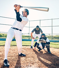 Image showing Sports, baseball and team with in action on field ready for playing game, practice and competition. Fitness, motivation and male athletes outdoors for exercise, training and workout for sport match