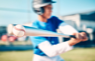 Image showing Baseball, game and man with training, speed and outdoor for exercise, blurry and wellness. Male athlete, guy and athlete with bat, health and hit a fast ball, practice and routine on field or workout