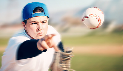 Image showing Throwing, sports and fitness with man and baseball on field for pitching, training and competition. Action, speed and exercise with athlete and practice in stadium for workout, wellness and strike