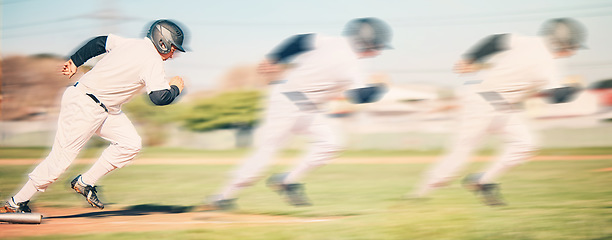 Image showing Running, sports and baseball with man on field for fitness, training and speed for home run. Action, motion blur and fast with athlete playing in stadium for competition, exercise and game match