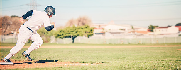 Image showing Baseball, sports and fitness fast run of a sport player running on outdoor field in a game. Training, workout and exercise of a young athlete with focus and freedom from runner speed in the sun