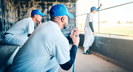 Image showing Baseball, watching game and men with fitness, club uniform and focus with healthy lifestyle. Male athletes, players and team with confidence, motivation and waiting on bench to play and teamwork