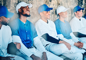 Image showing Baseball, sports and team of men in dugout, happy and watching training, match or game together. Diversity, friends and athletic group bonding at a field for exercise, workout and fitness routine