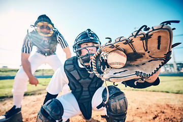 Image showing Baseball, players and men on field, gloves and ball for competition, training and fitness. Mit, male athlete and guys outdoor, sportswear and workout for wellness, balance and healthy lifestyle