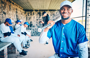 Image showing Baseball player, black man portrait and sports stadium dugout with softball team at ball game. Training, exercise and motivation of a young athlete from Dallas with a smile for fitness workout