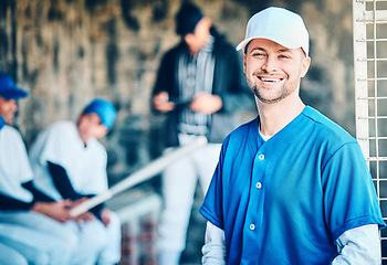 Image showing Baseball player, portrait and field stadium dugout with softball team ready for ball game. Training, exercise and motivation of a young athlete from Los Angeles with a smile for fitness health