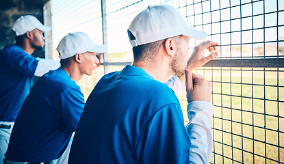 Image showing Sports, focus and baseball with man in dugout for thinking, training and planning strategy. Relax, teamwork and workout with group of people in park stadium for fitness, competition match or coaching