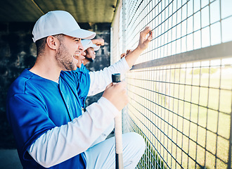 Image showing Baseball, dugout and excited man watching game holding bat, competition and winning sport. Fitness, health and serious sports player waiting for turn to play in fun practice match at stadium or field