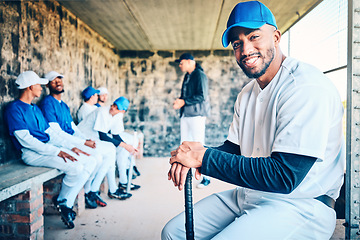 Image showing Baseball team, portrait and man from Dominican Republic smile of a player in sports dugout. Exercise, sport training and happiness of an athlete at a stadium for workout, game and competition