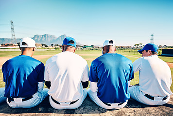 Image showing Baseball team, sport athlete communication and men fitness sitting to relax before softball game. Sports, diversity and friends group together in a stadium ready for exercise, training and teamwork