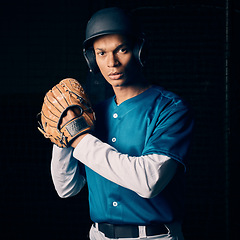 Image showing Baseball player, black man and studio portrait with focus, vision and balance for sport, fitness and motivation. Sports, exercise and training with goals, contest or competition by dark background