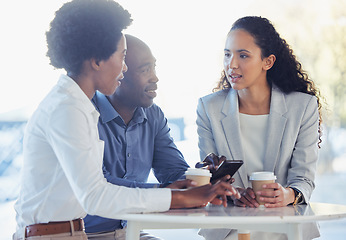 Image showing Phone, discussion and happy business people in cafe for planning, marketing email and client networking. Teamwork, communication and workers smile with smartphone for internet, connect and contact