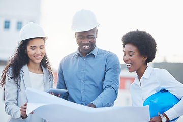 Image showing Engineering, blueprint or funny team on construction site in collaboration for real estate development. Designers laughing, architecture meeting or black people planning a building renovation project