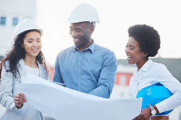 Image showing Engineering, blueprint or happy team on construction site in collaboration for real estate development. Designers, architecture or business people planning a building renovation project in meeting