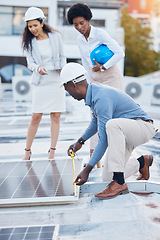 Image showing Black man, roof and solar panel installation team of construction worker technician outdoor. Businessman, renewable energy and industrial eco friendly panels of maintenance employee and handyman