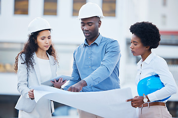 Image showing Engineering, design or business people with blueprint on construction site building together for future innovation. Collaboration, team or employees talking or planning a development project strategy