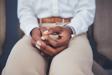 Image showing Nervous, hands and woman waiting for an interview or hr business meeting in a corporate office. Anxiety, stress and professional African female employee playing with her hand in the workplace.