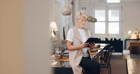 Image showing Business woman with tablet, senior and ceo face in modern office, prepare for meeting and conference room with smile and technology. Professional portrait, company and executive, technology and happy