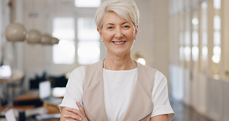Image showing Elderly woman, face and smile with arms crossed for corporate leadership, management or vision at office. Portrait of confident senior female CEO manager smiling with crossed arms for career startup