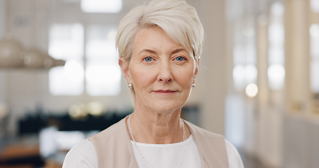 Image showing Elderly woman, face and smile with arms crossed for corporate leadership, management or vision at office. Portrait of confident senior female CEO manager smiling with crossed arms for career startup