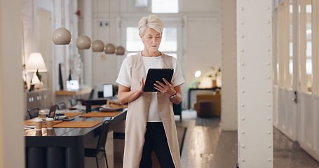 Image showing Senior, woman and tablet for a creative agency with a boss or ceo planning with online research. Creativity, design agency and mature businesswoman with internet search for wifi and design news