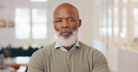 Image showing Senior black man, business leadership and portrait of elderly ceo, management and working in office lounge with vision, motivation and trust for goals. Company manager, executive and boss with pride