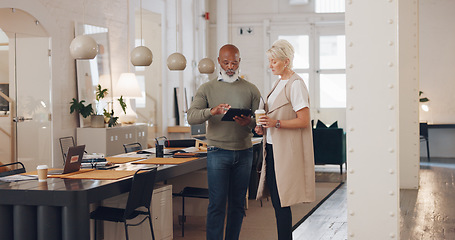 Image showing Senior, executive and team with tablet and communication, collaboration and business discussion with mature business people in office. Black man, woman and workplace and coworking with management.