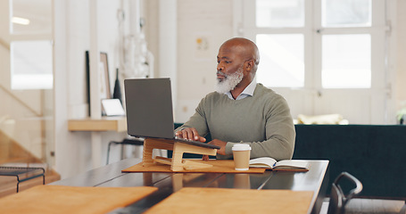 Image showing Laptop typing, black man and remote work in living room, lounge and work from home office for planning, internet research or technology. Mature freelancer, computer and thinking while reading email