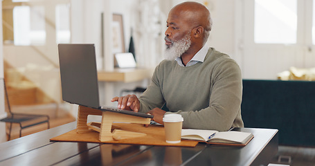 Image showing Email, communication and black man with a laptop for networking, corporate planning and project management job. Typing, research and African employee with a pc for professional connection at work