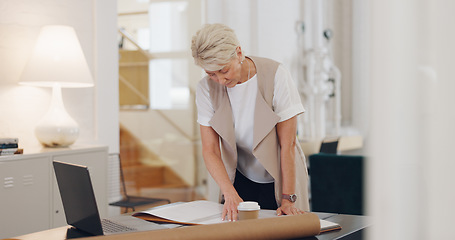 Image showing Mature woman, interior designer or laptop and documents in property decoration ideas, real estate innovation or office building staging. Creative worker or employee on technology and home decor paper