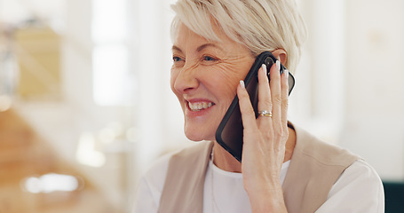 Image showing Senior woman, work and home with phone call, communication and laptop on desk for online crm job. Mature worker, home office and using phone for conversation, discussion or negotiation with client