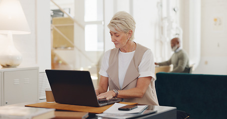 Image showing Senior woman, home office and phone call with laptop, smile and focus on communication on internet. Corporate lady, computer and using phone for working from home in management, HR and reading email