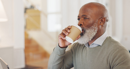 Image showing Black man, laptop and coffee for remote work as freelancer while thinking, planning and working on strategy for small business vision and future. African entrepreneur with motivation in home office