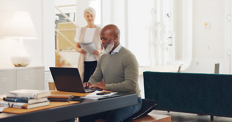 Image showing Email, communication and black man with a laptop for networking, corporate planning and project management job. Typing, research and African employee with a pc for professional connection at work