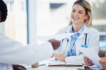 Image showing Doctors, woman and staff with planning, forms and report for procedure, research and innovation. Medical professional, female employee or group with teamwork, admin or talking with feedback or review