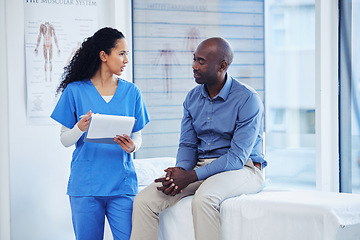 Image showing Patient, nurse and healthcare clipboard in hospital for health insurance consultation. Patient and professional nurse woman talking about symptoms, wellness and questions or advice for healthy life