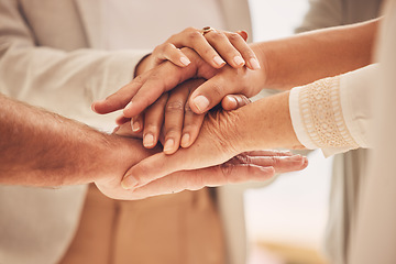 Image showing Business people, hands together and unity for goal or teamwork in trust, collaboration or support at office. Group piling hand in team building for cooperation, motivation or success in union