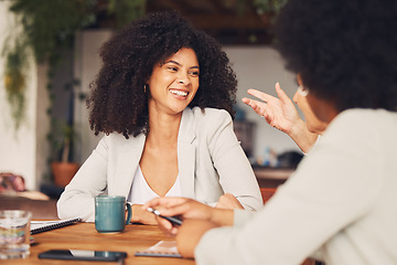 Image showing Coffee shop, meeting and happy black woman in conversation, b2b networking and business planning collaboration. Professional people, entrepreneur in restaurant, cafe or remote workspace talking