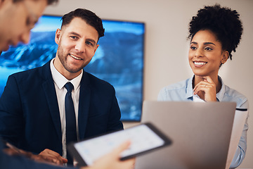 Image showing Teamwork, planning or happy business people in meeting together in group or office project. Smile, mission or employees listening with interest in collaboration for online strategy or agency goals