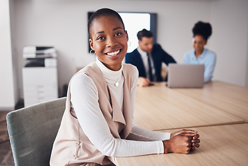 Image showing Portrait of professional black woman with business leadership, job management and planning in conference room. Young employee, worker or corporate person with employees workflow and career mindset