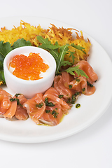 Image showing potato pancakes salmon fish and red caviar