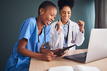 Image showing Laptop, black women or doctors in celebration of success for healthcare goals, achievement or hospital targets. Tablet, happy medical winners or nurses celebrating winning victory, good news or deal