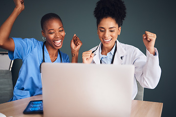 Image showing Laptop, black people or doctors in celebration of success for healthcare goals, achievement or hospital targets. Happy medical winners or nurses celebrating winning victory, good news or bonus deal