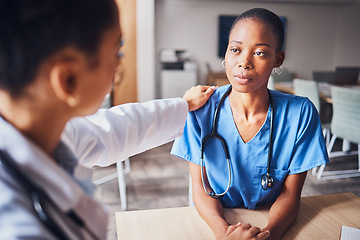 Image showing Doctor with nurse or healthcare team stress, anxiety or depression support, help and manager advice. Young internship person or medical student depressed for fail, risk and woman empathy and talking