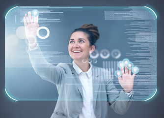 Image showing Woman, hands and 3D hologram of dashboard in digital transformation, analytics or data research. Female employee busy on futuristic technology, UI or holographic display for analysis or statistics